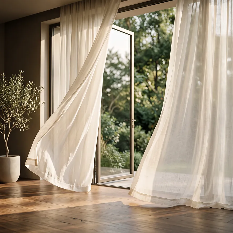 Sheer curtains lifting in a breeze at an open window