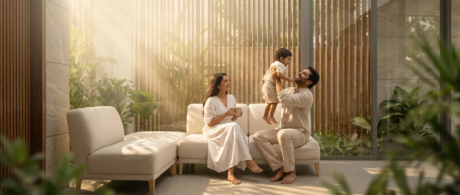 A family at home in a sunlit living room