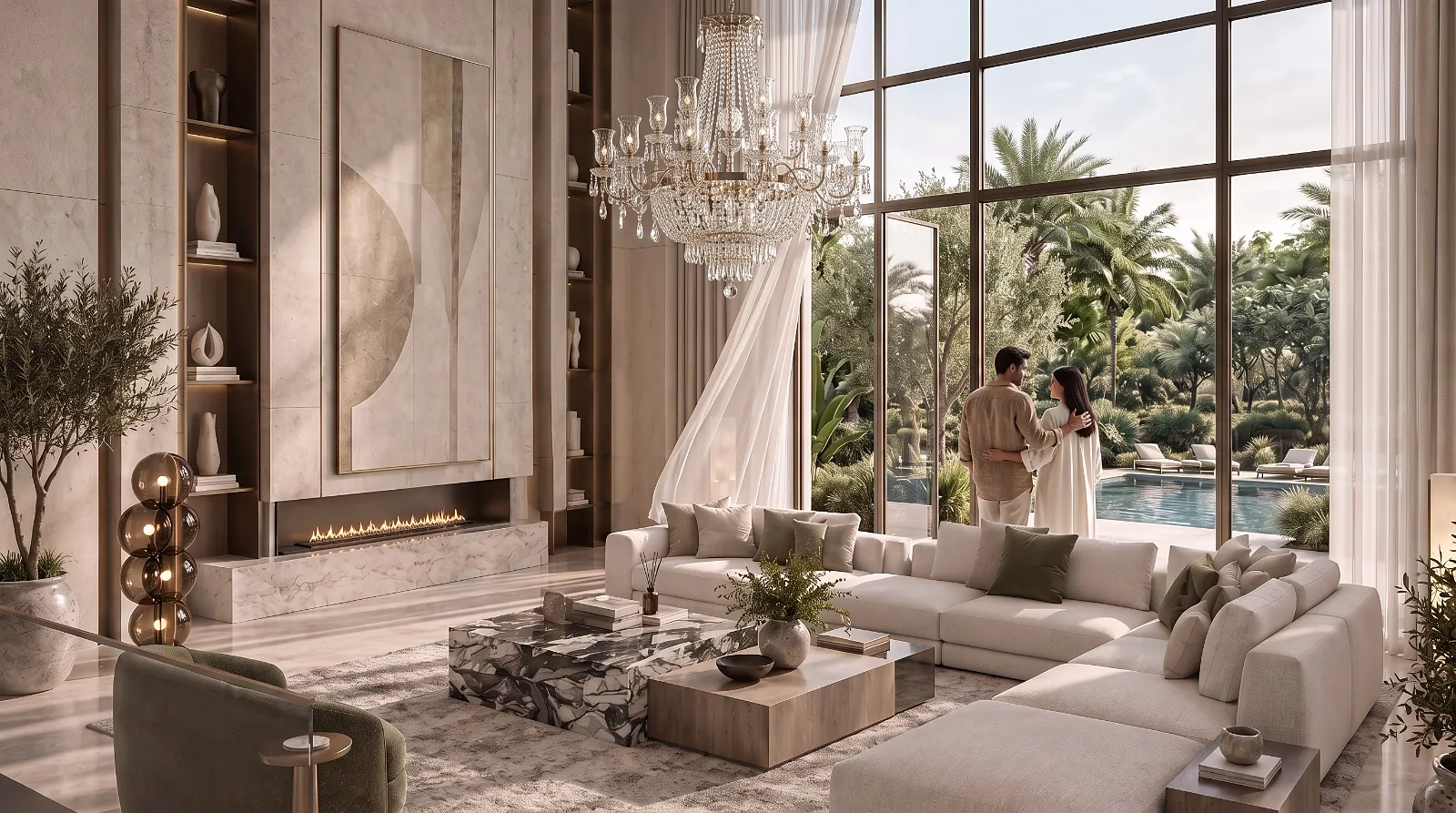 A double-height living room opening onto a pool garden