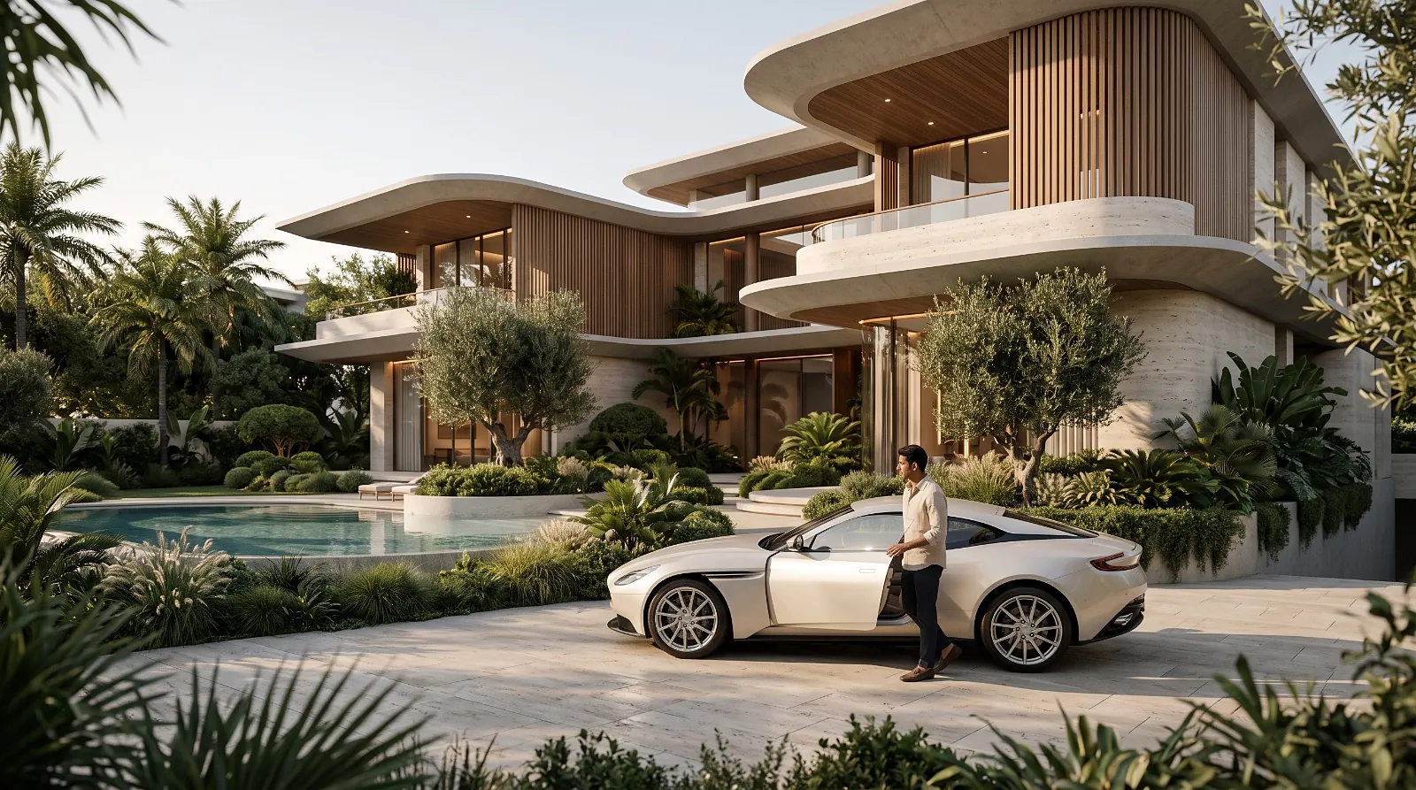 A curved villa facade with a pool and landscaped drive